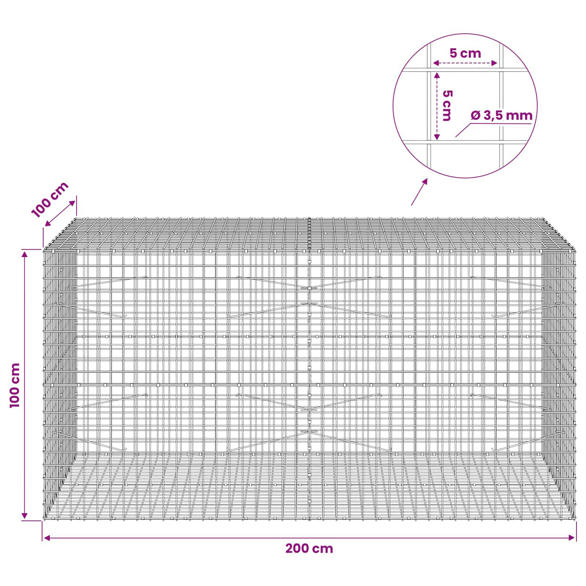 Gabionas su 3,5 mm laidu ir 5x5 cm tinkleliu 200x100x100 cm