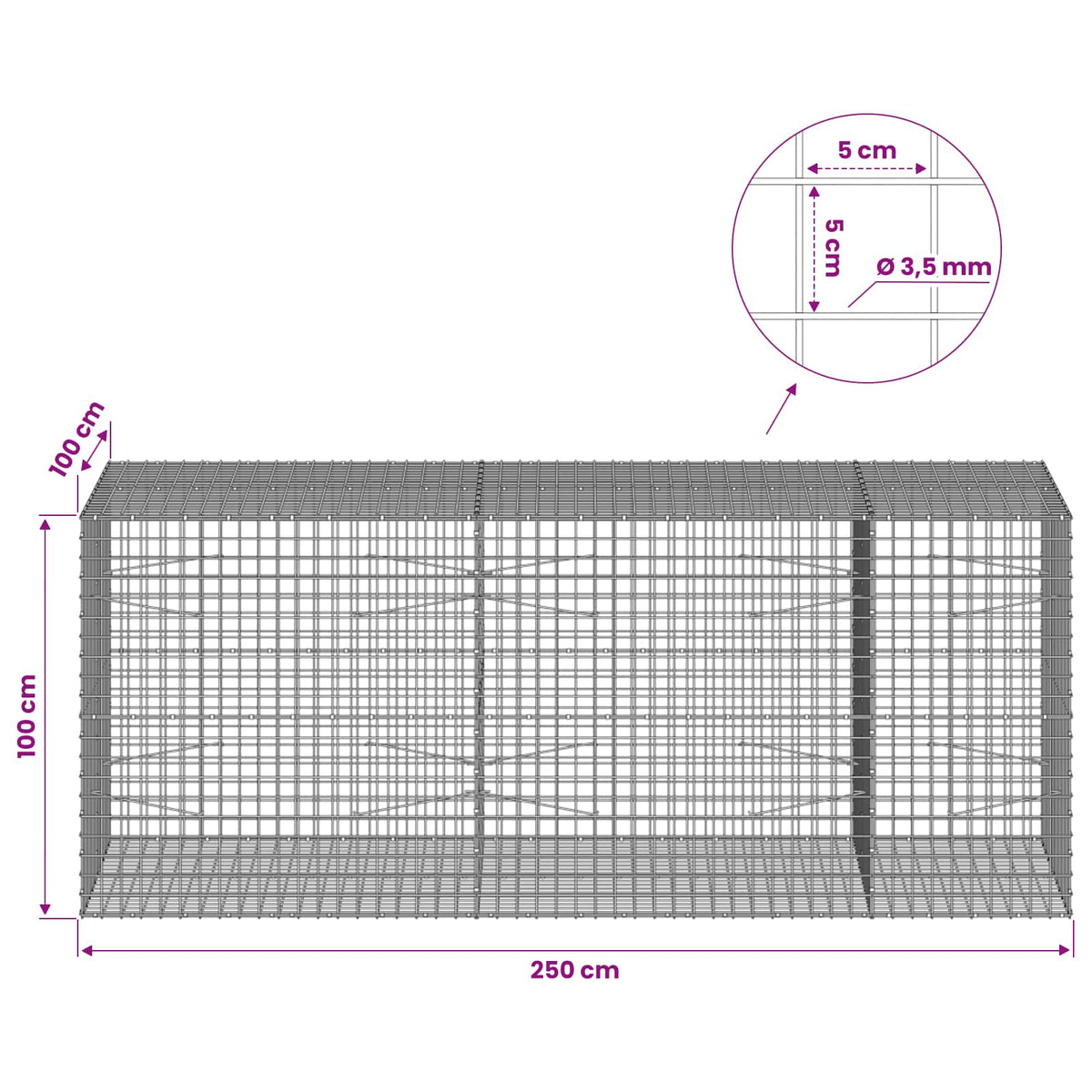 Gabionas su 3,5 mm laidu ir 5x5 cm tinkleliu 250x100x100 cm