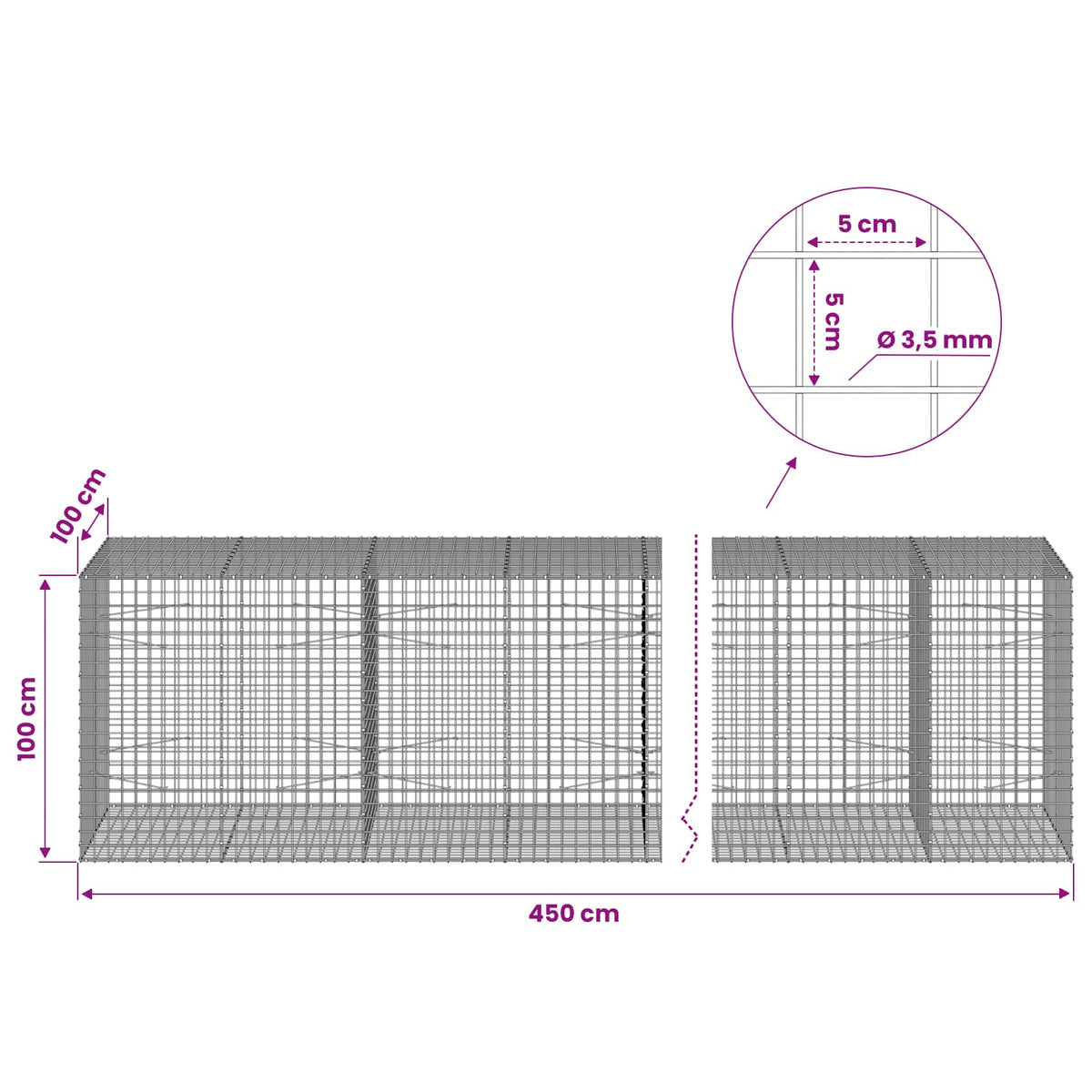 Gabionas su 3,5 mm laidu ir 5x5 cm tinkleliu 450x100x100 cm