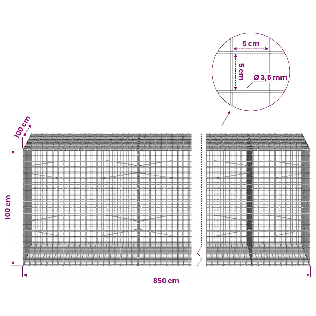 Gabionas su 3,5 mm laidu ir 5x5 cm tinkleliu 850x100x100 cm