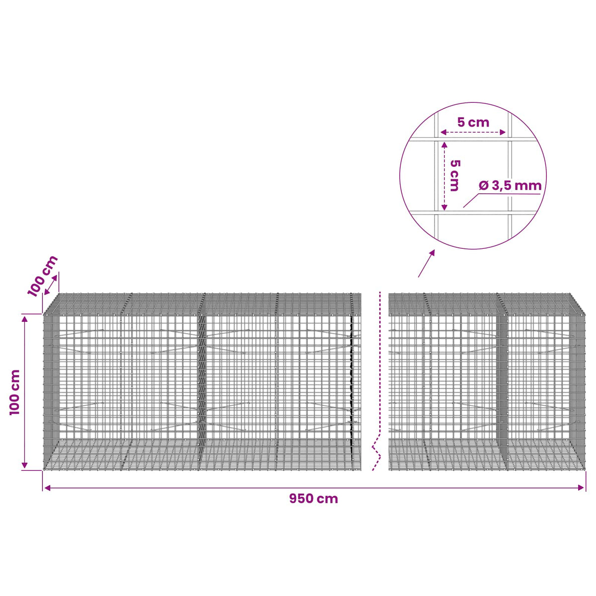Gabionas su 3,5 mm laidu ir 5x5 cm tinkleliu 950x100x100 cm