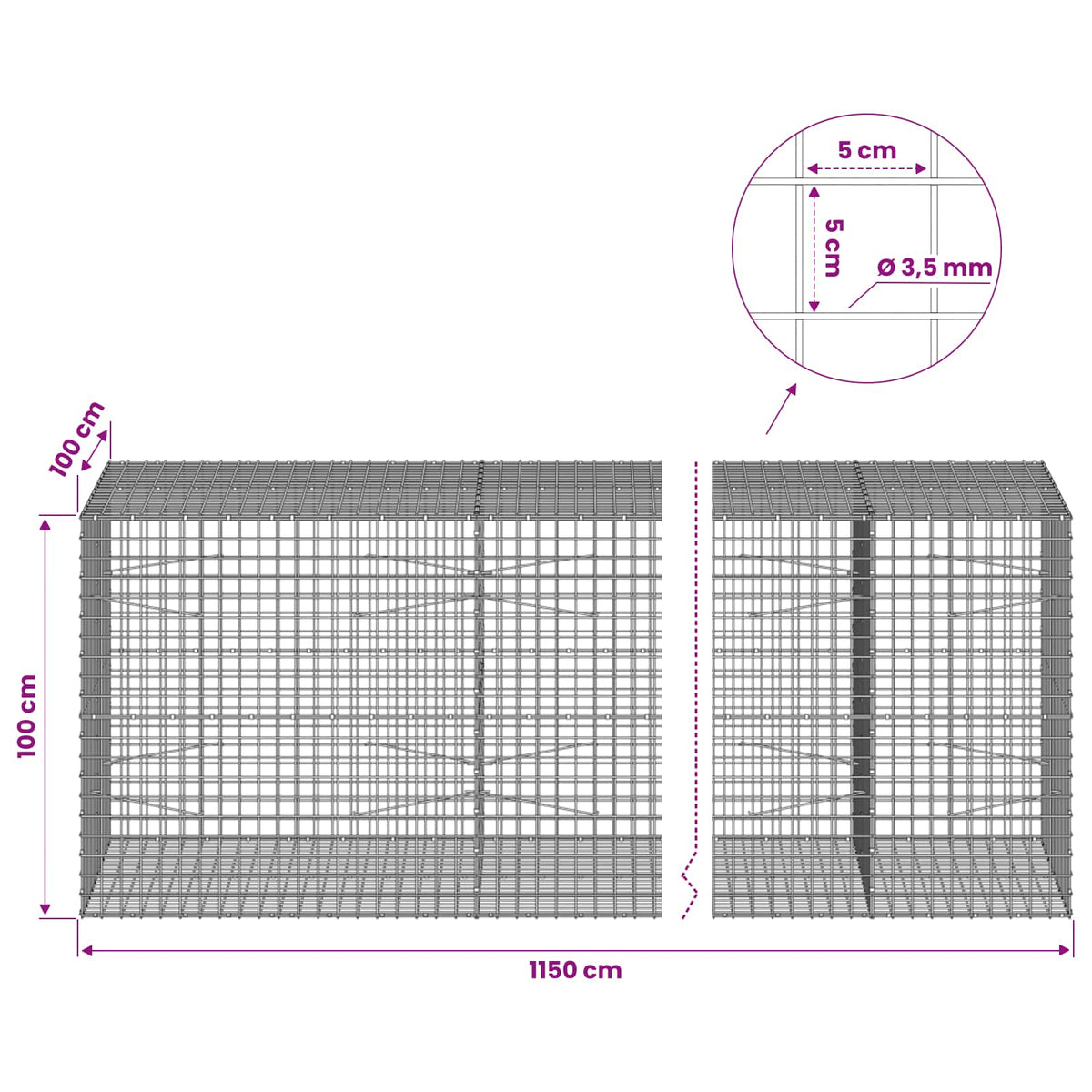 Gabionas su 3,5 mm laidu ir 5x5 cm tinkleliu 1150x100x100 cm