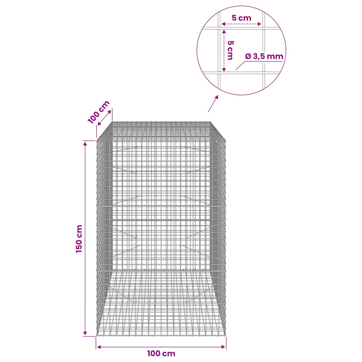 Gabionas su 3,5 mm laidu ir 5x5 cm tinkleliu 100x100x150 cm