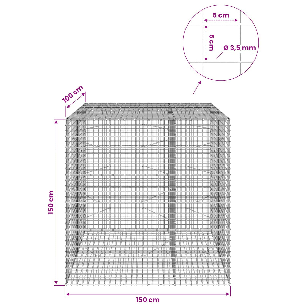 Gabionas su 3,5 mm laidu ir 5x5 cm tinkleliu 150x100x150 cm