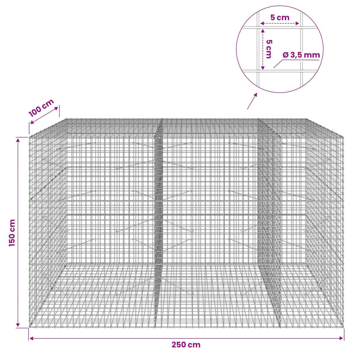 Gabionas su 3,5 mm laidu ir 5x5 cm tinkleliu 250x100x150 cm