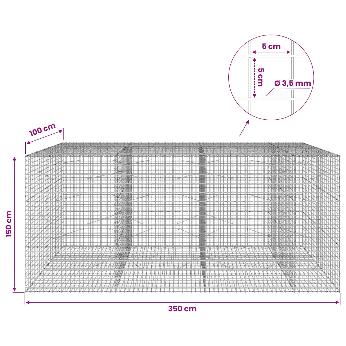Gabionas su 3,5 mm laidu ir 5x5 cm tinkleliu 350x100x150 cm