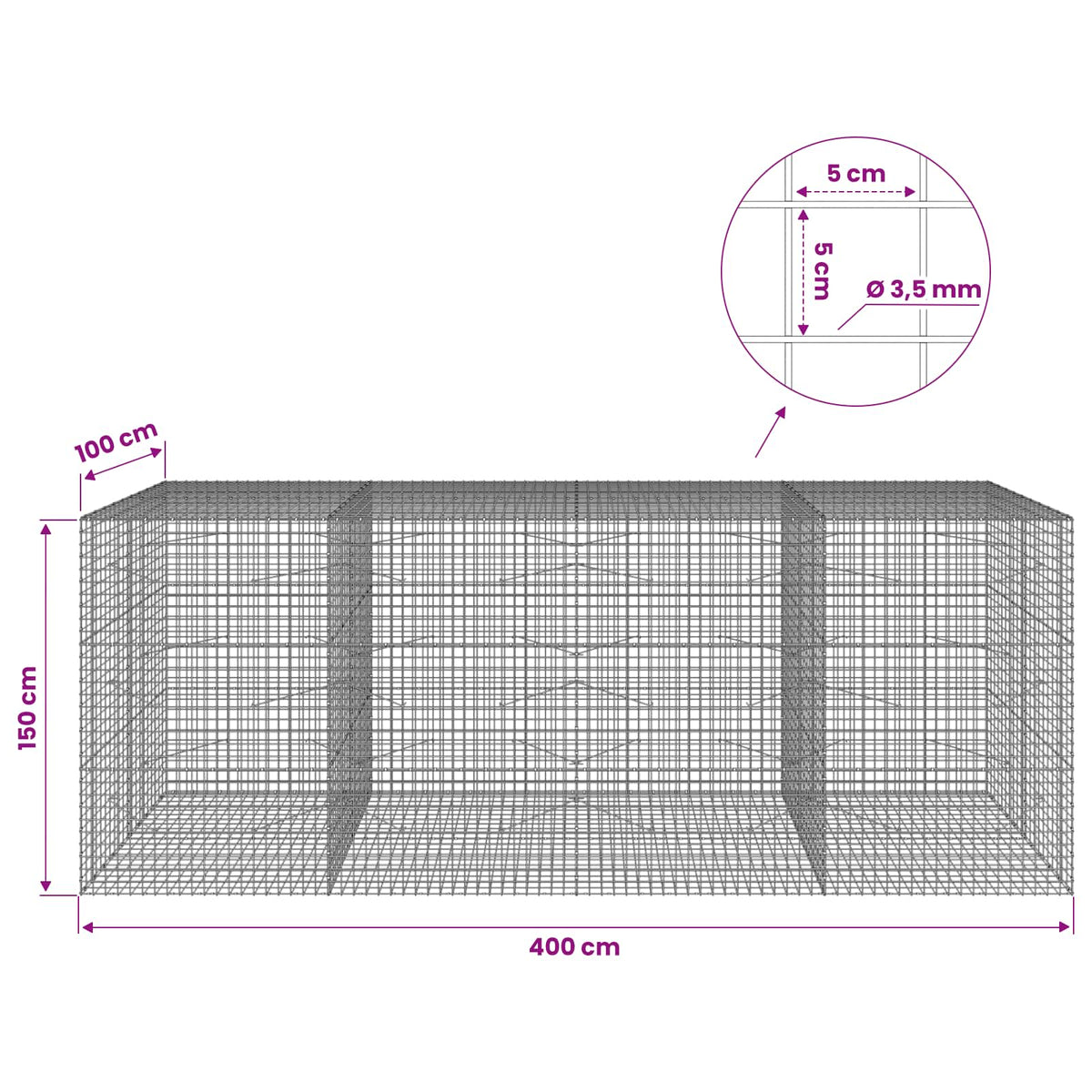 Gabionas su 3,5 mm laidu ir 5x5 cm tinkleliu 400x100x150 cm