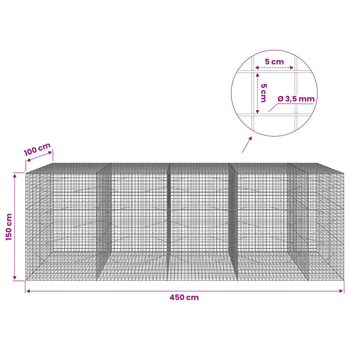 Gabionas su 3,5 mm laidu ir 5x5 cm tinkleliu 450x100x150 cm