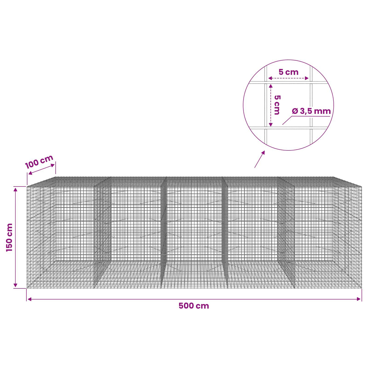 Gabionas su 3,5 mm laidu ir 5x5 cm tinkleliu 500x100x150 cm