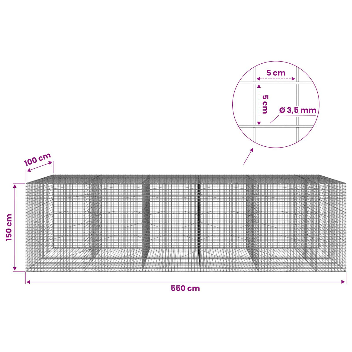 Gabionas su 3,5 mm laidu ir 5x5 cm tinkleliu 550x100x150 cm