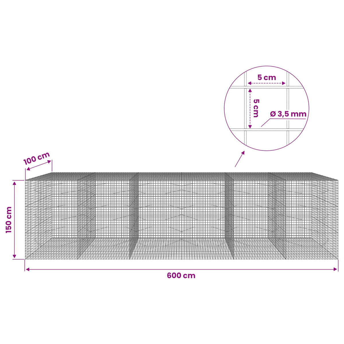Gabionas su 3,5 mm laidu ir 5x5 cm tinkleliu 600x100x150 cm