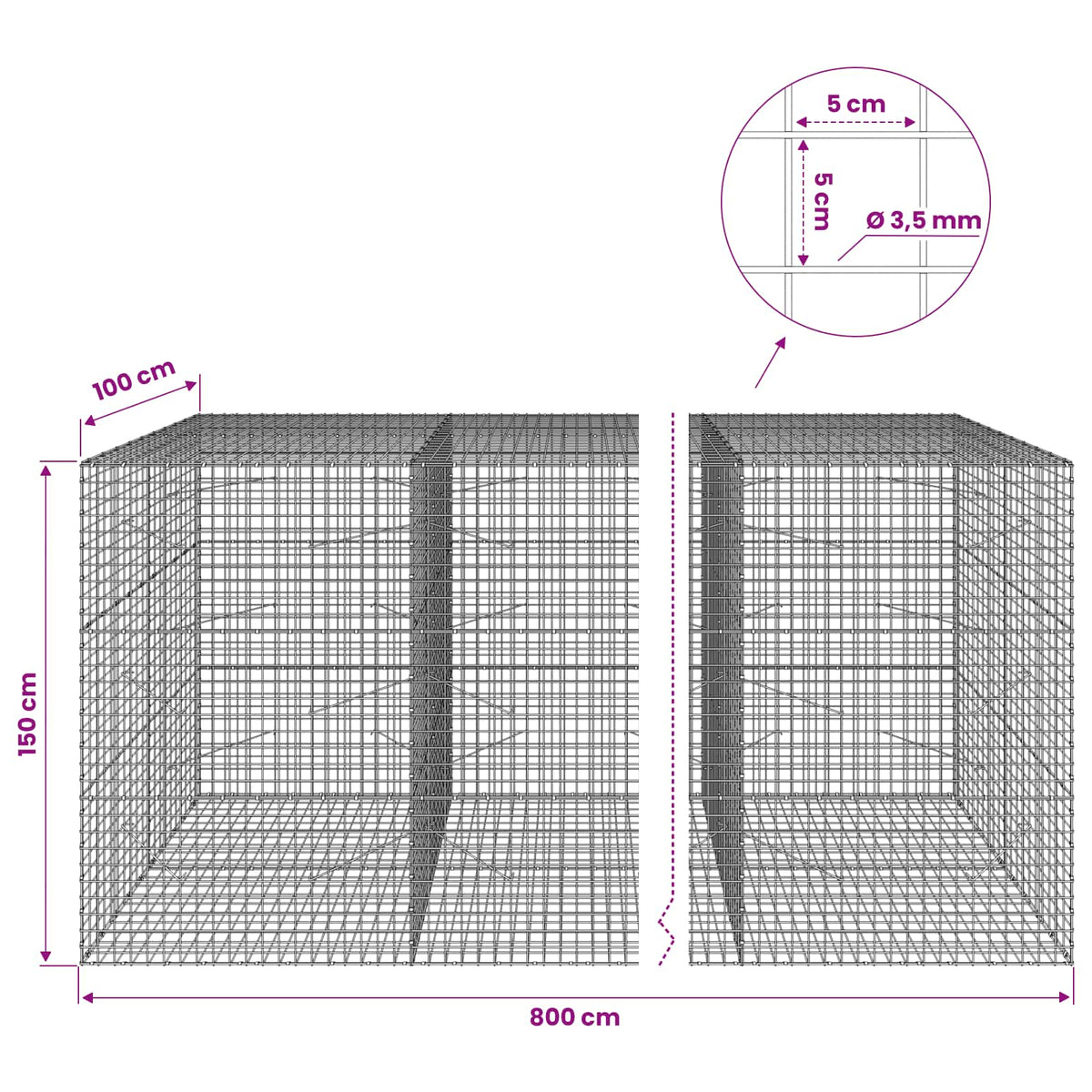 Gabionas su 3,5 mm laidu ir 5x5 cm tinkleliu 800x100x150 cm