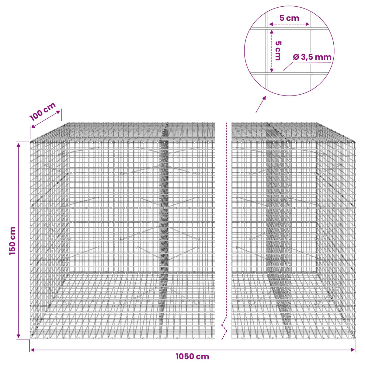 Gabionas su 3,5 mm laidu ir 5x5 cm tinkleliu 1050x100x150 cm