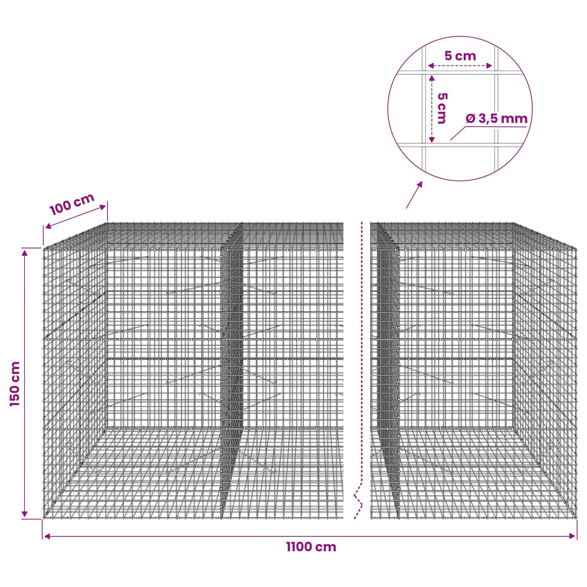 Gabionas su 3,5 mm laidu ir 5x5 cm tinkleliu 1100x100x150 cm