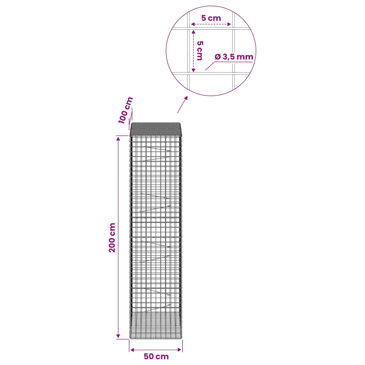 Gabionas su 3,5 mm laidu ir 5x5 cm tinkleliu 50x100x200 cm