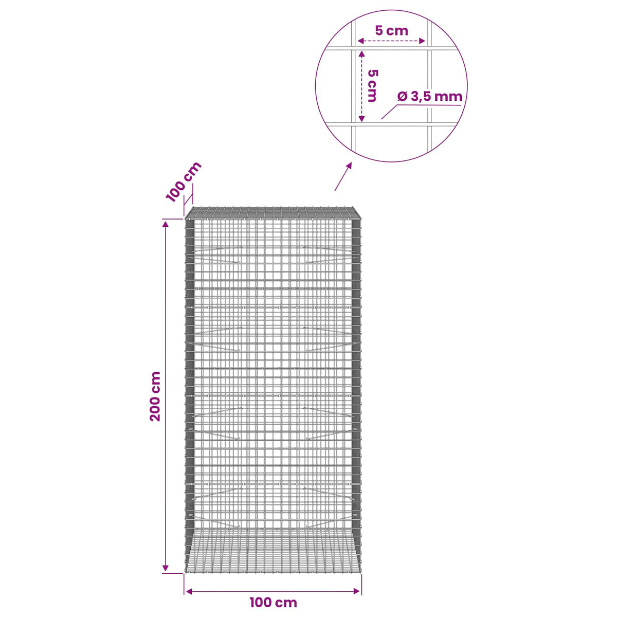 Gabionas su 3,5 mm laidu ir 5x5 cm tinkleliu 100x100x200 cm