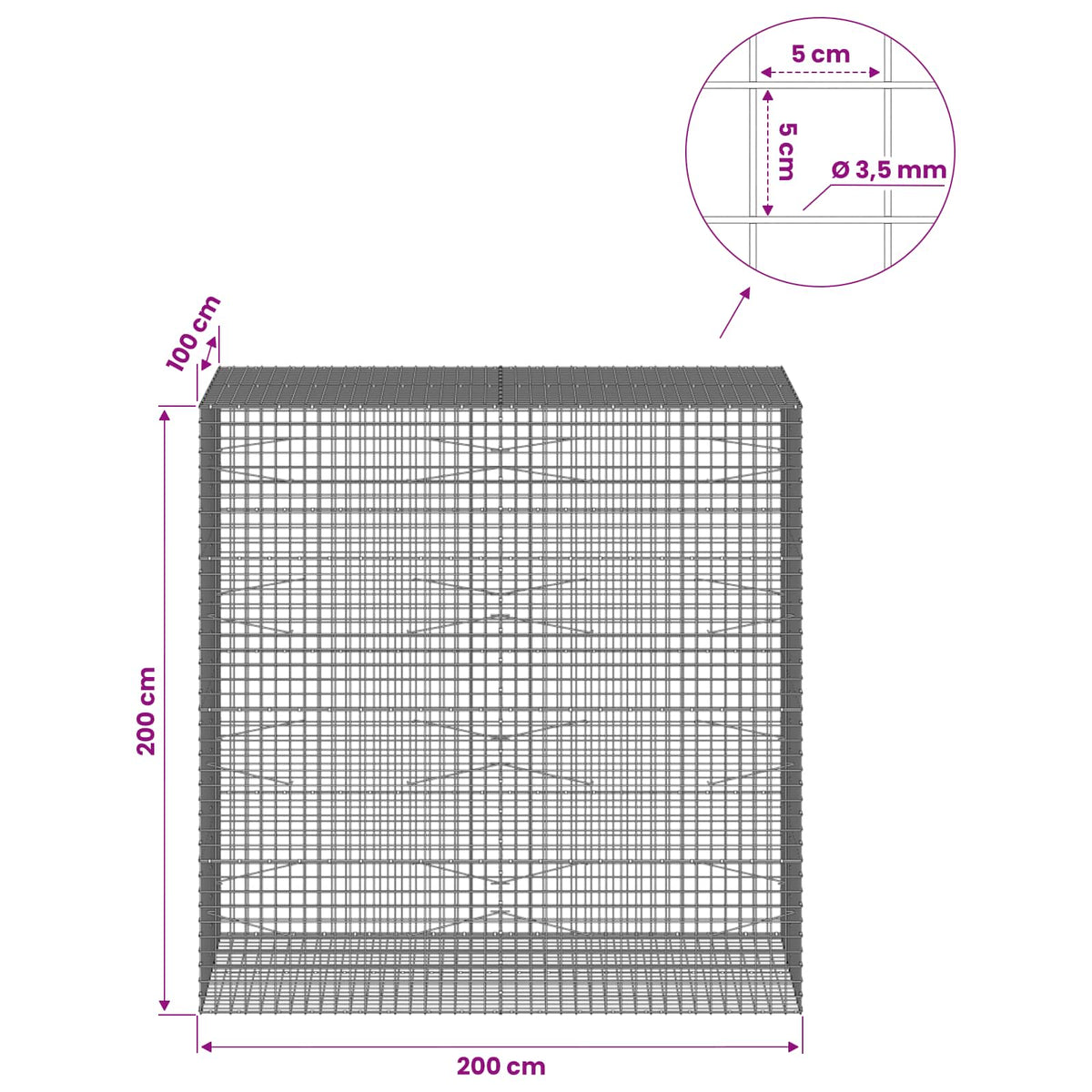 Gabionas su 3,5 mm laidu ir 5x5 cm tinkleliu 200x100x200 cm