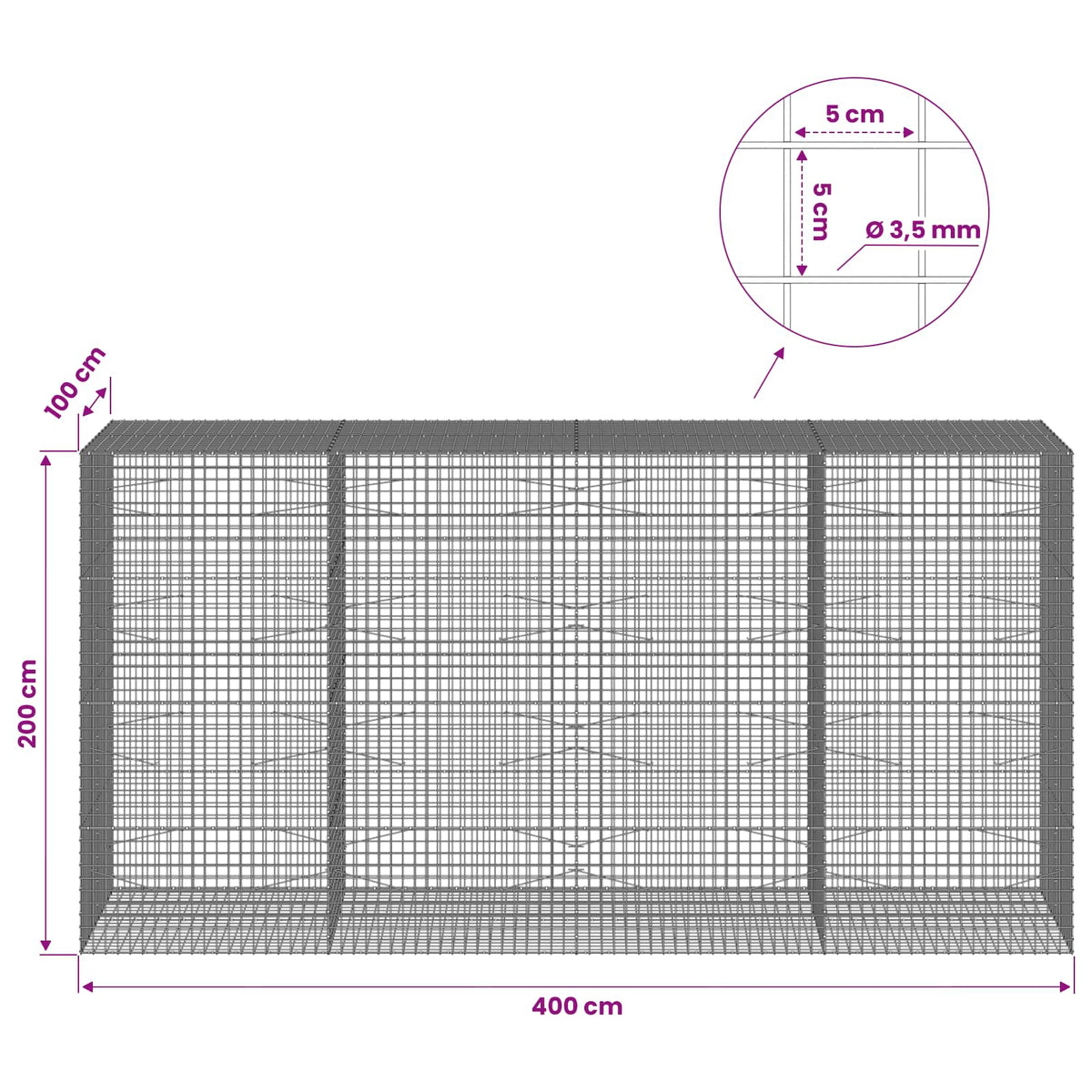 Gabionas su 3,5 mm laidu ir 5x5 cm tinkleliu 400x100x200 cm