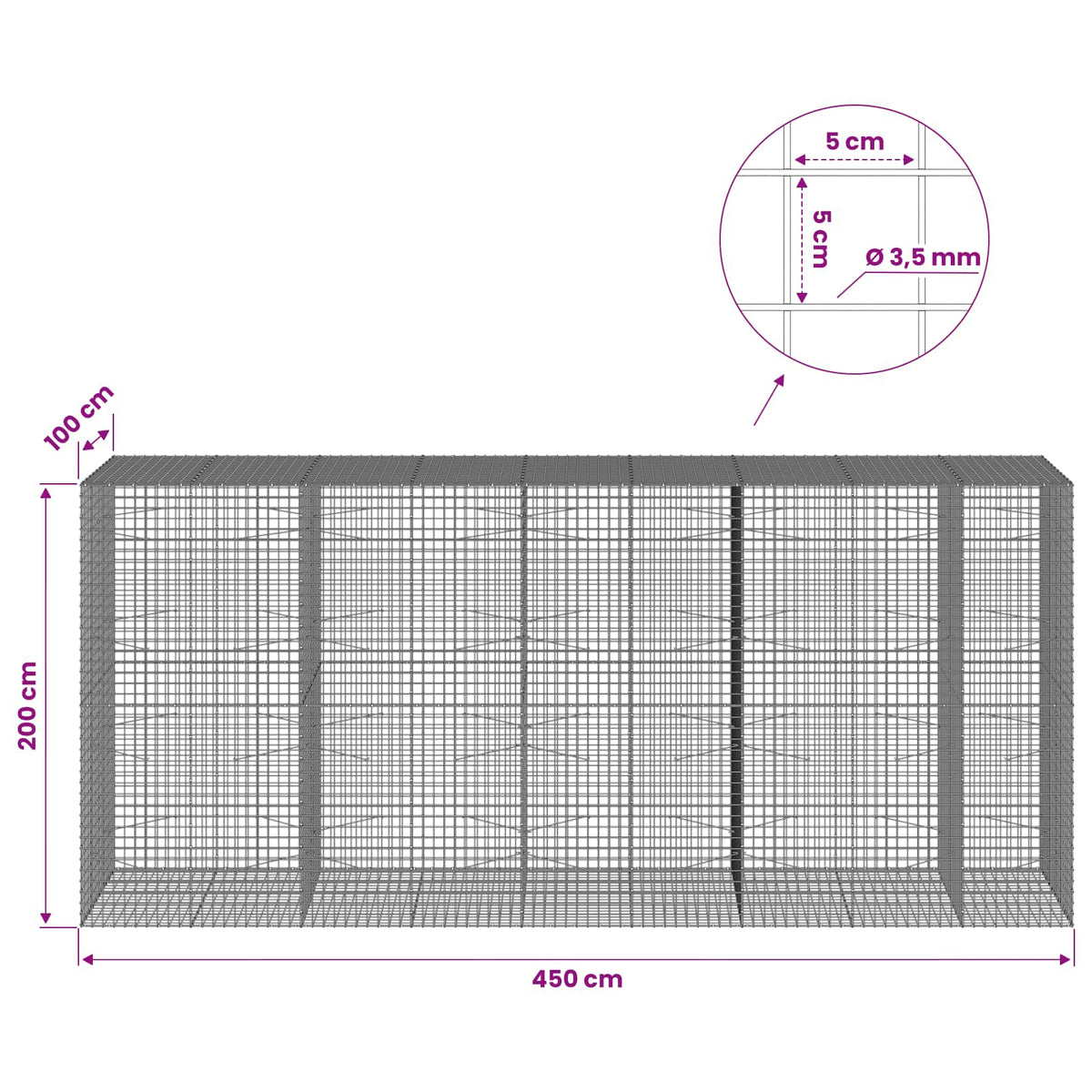 Gabionas su 3,5 mm laidu ir 5x5 cm tinkleliu 450x100x200 cm