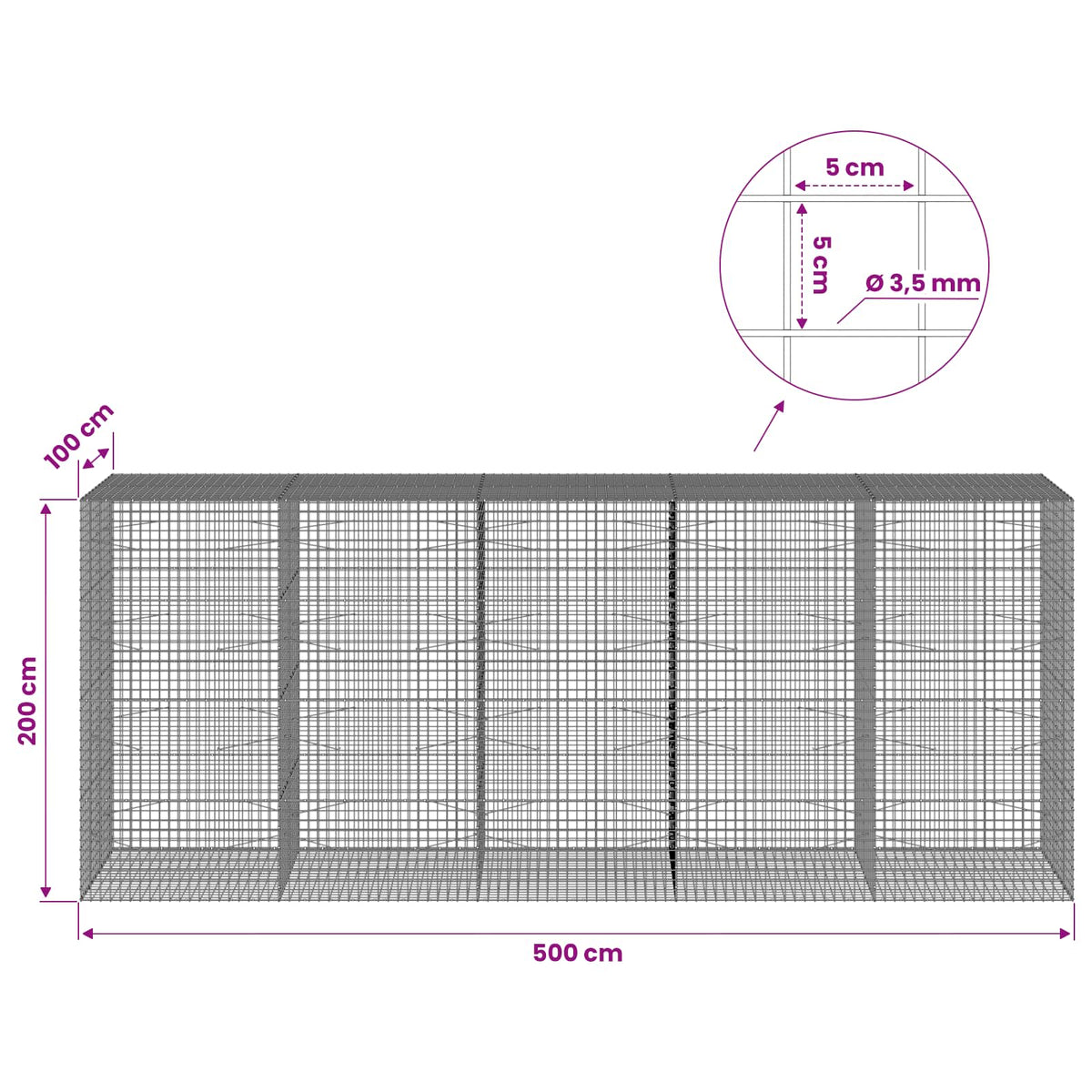 Gabionas su 3,5 mm laidu ir 5x5 cm tinkleliu 500x100x200 cm