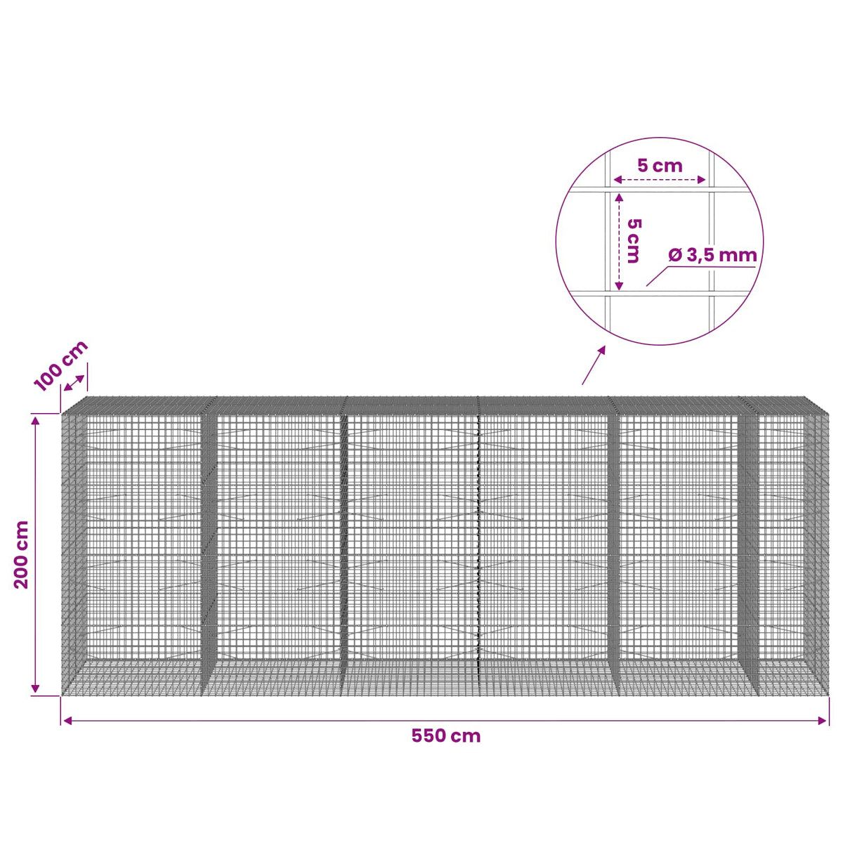 Gabionas su 3,5 mm laidu ir 5x5 cm tinkleliu 550x100x200 cm