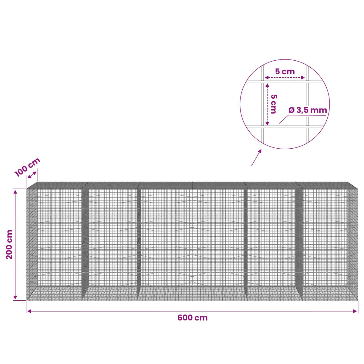 Gabionas su 3,5 mm laidu ir 5x5 cm tinkleliu 600x100x200 cm