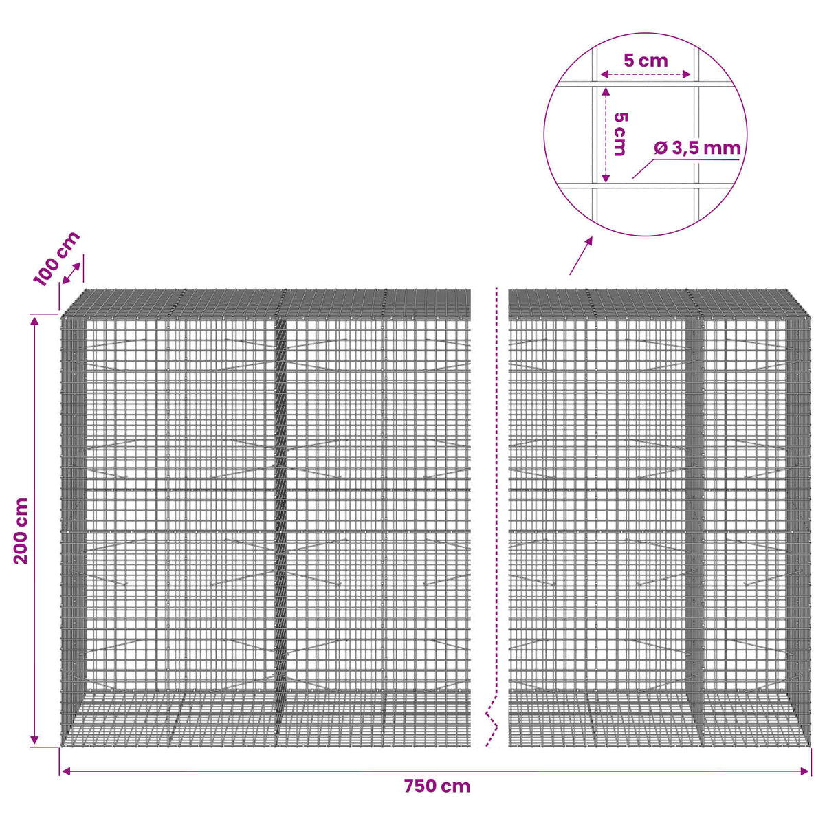 Gabionas su 3,5 mm laidu ir 5x5 cm tinkleliu 750x100x200 cm