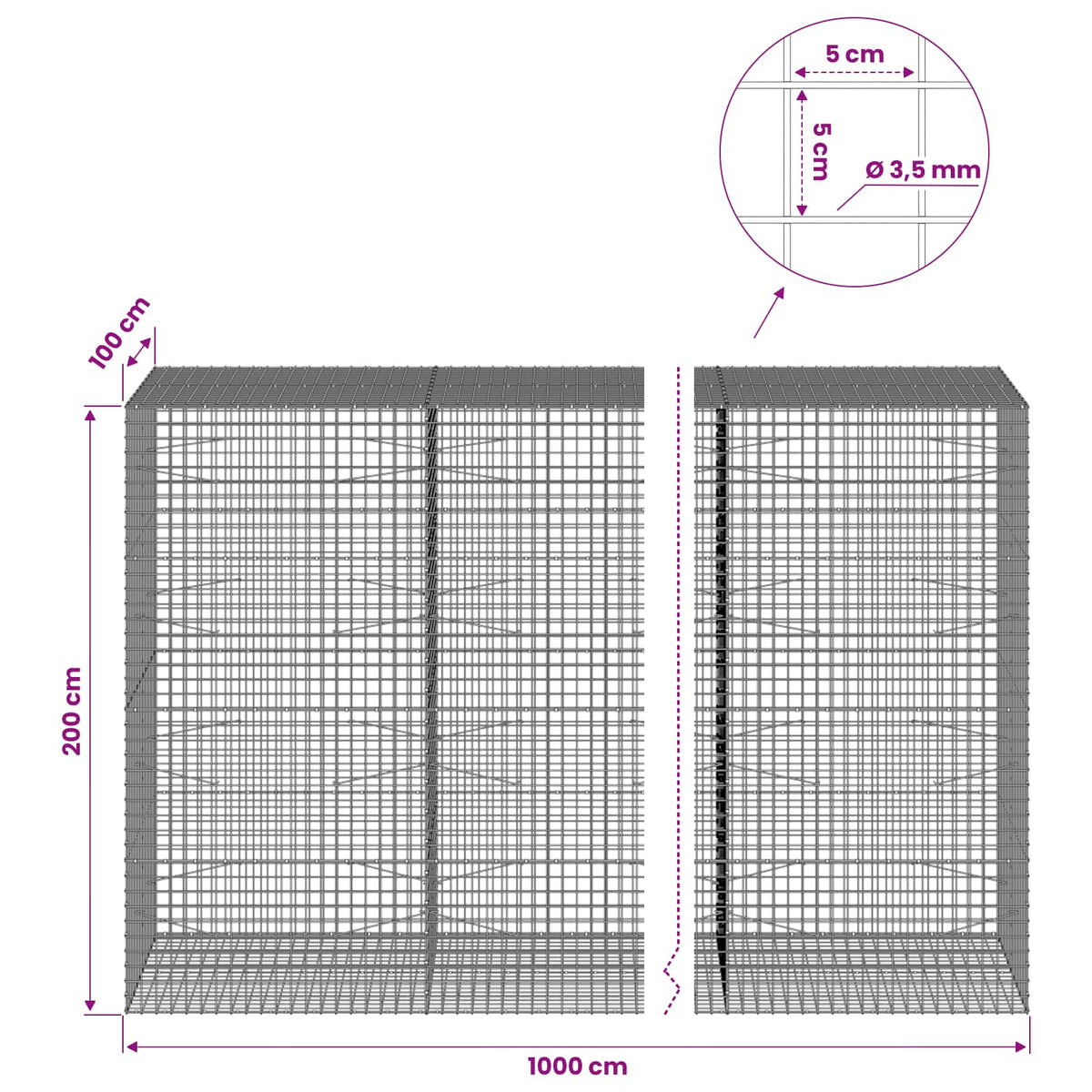 Gabionas su 3,5 mm laidu ir 5x5 cm tinkleliu 1000x100x200 cm