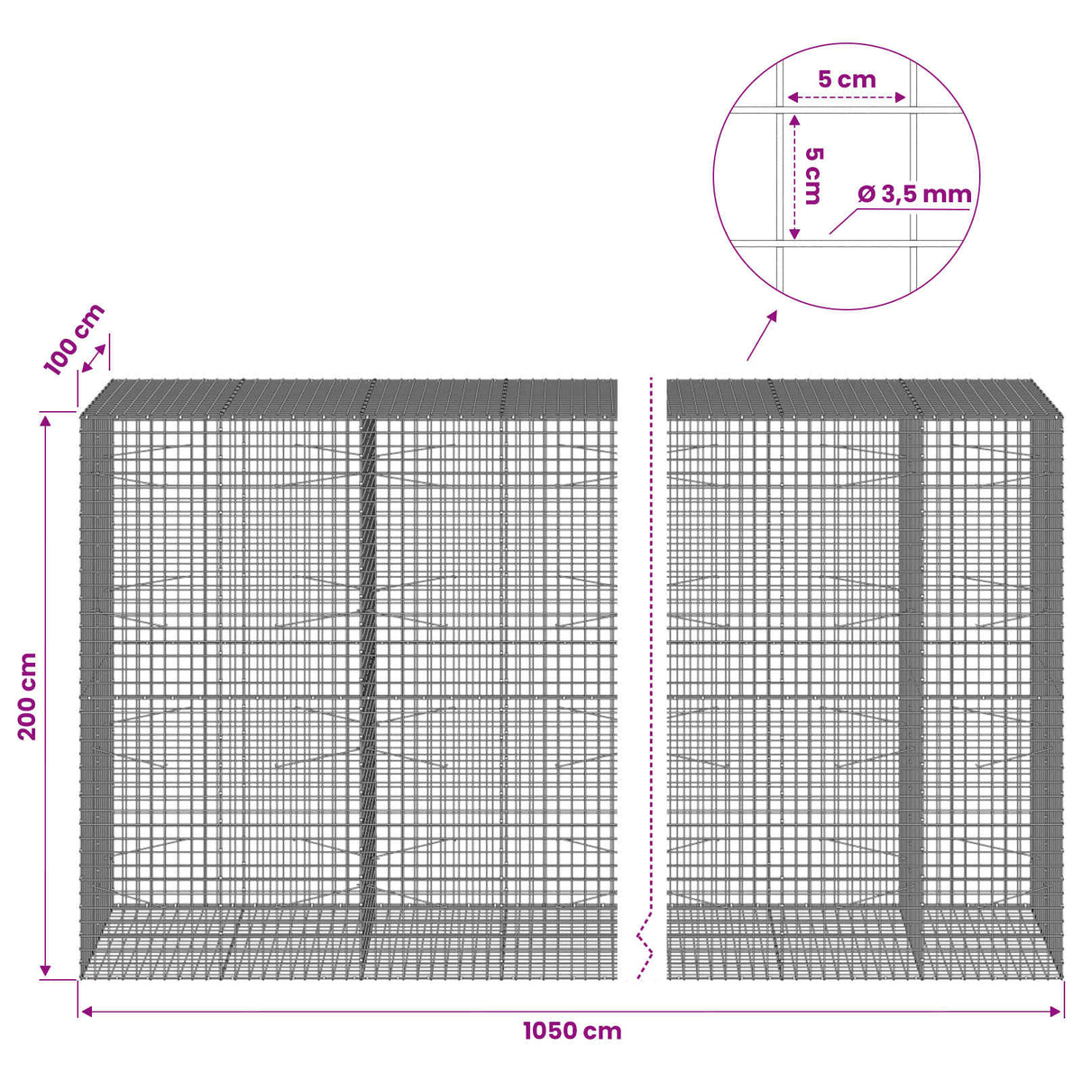 Gabionas su 3,5 mm laidu ir 5x5 cm tinkleliu 1050x100x200 cm
