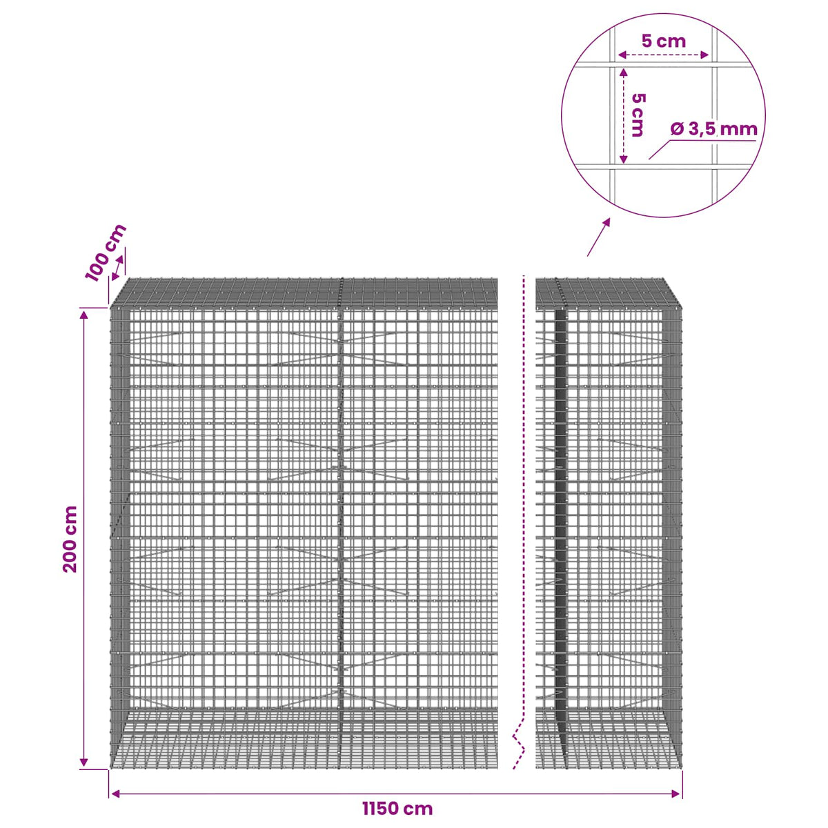 Gabionas su 3,5 mm laidu ir 5x5 cm tinkleliu 1150x100x200 cm