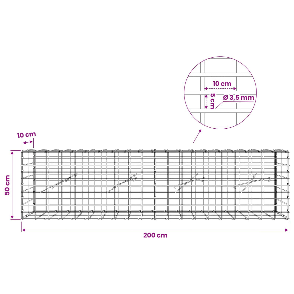 Gabionas su 3,5 mm viela ir 5x10 cm tinkleliu 200x10x50 cm