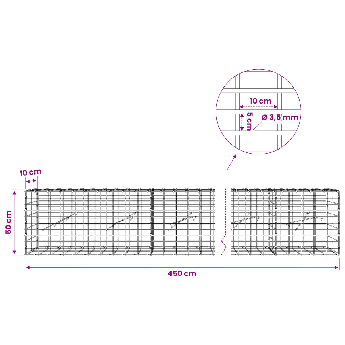 Gabionas su 3,5 mm viela ir 5x10 cm tinkleliu 450x10x50 cm