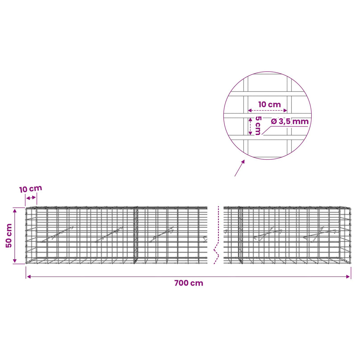 Gabionas su 3,5 mm viela ir 5x10 cm tinkleliu 700x10x50 cm