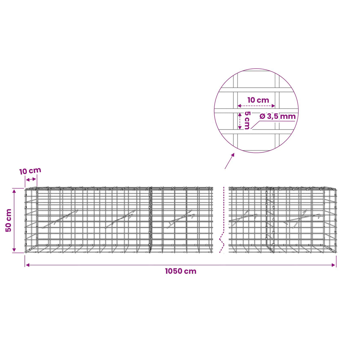 Gabionas su 3,5 mm viela ir 5x10 cm tinkleliu 1050x10x50 cm