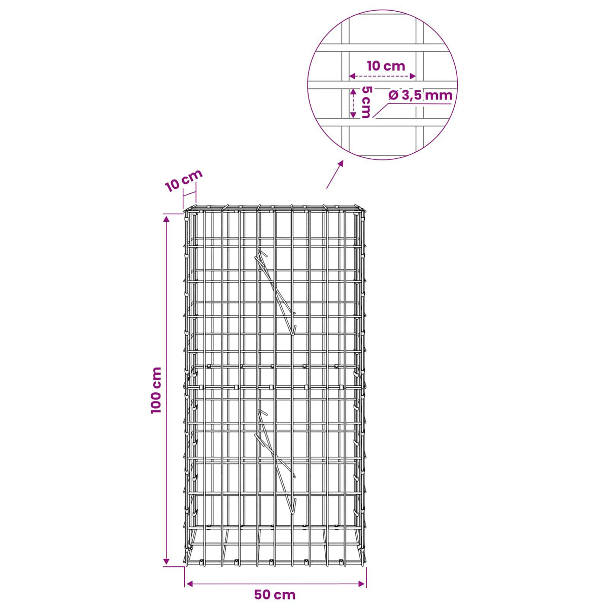 Gabionas su 3,5 mm viela ir 5x10 cm tinkleliu 50x10x100 cm