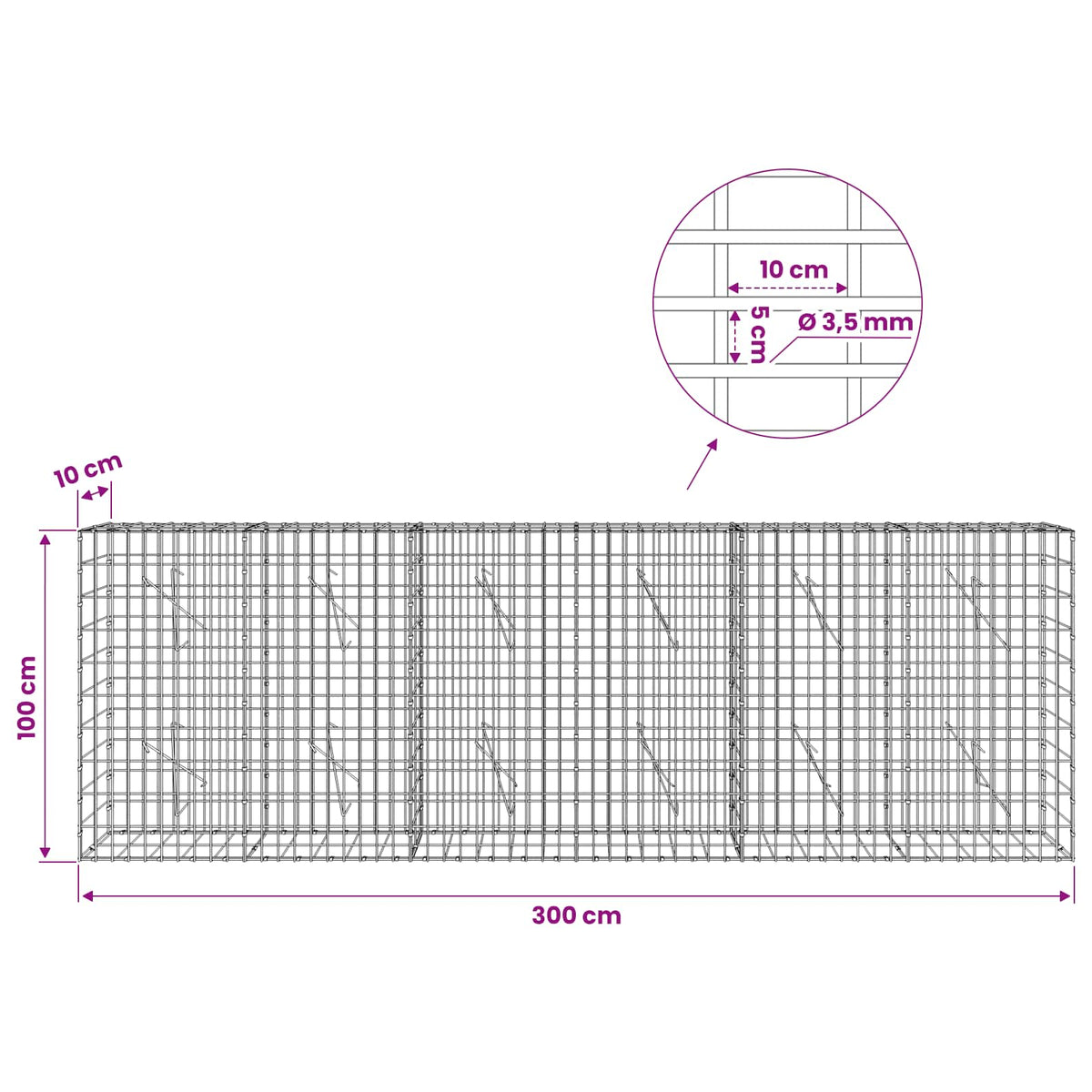 Gabionas su 3,5 mm viela ir 5x10 cm tinkleliu 300x10x100 cm