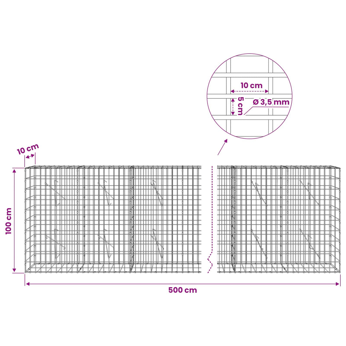 Gabionas su 3,5 mm viela ir 5x10 cm tinkleliu 500x10x100 cm
