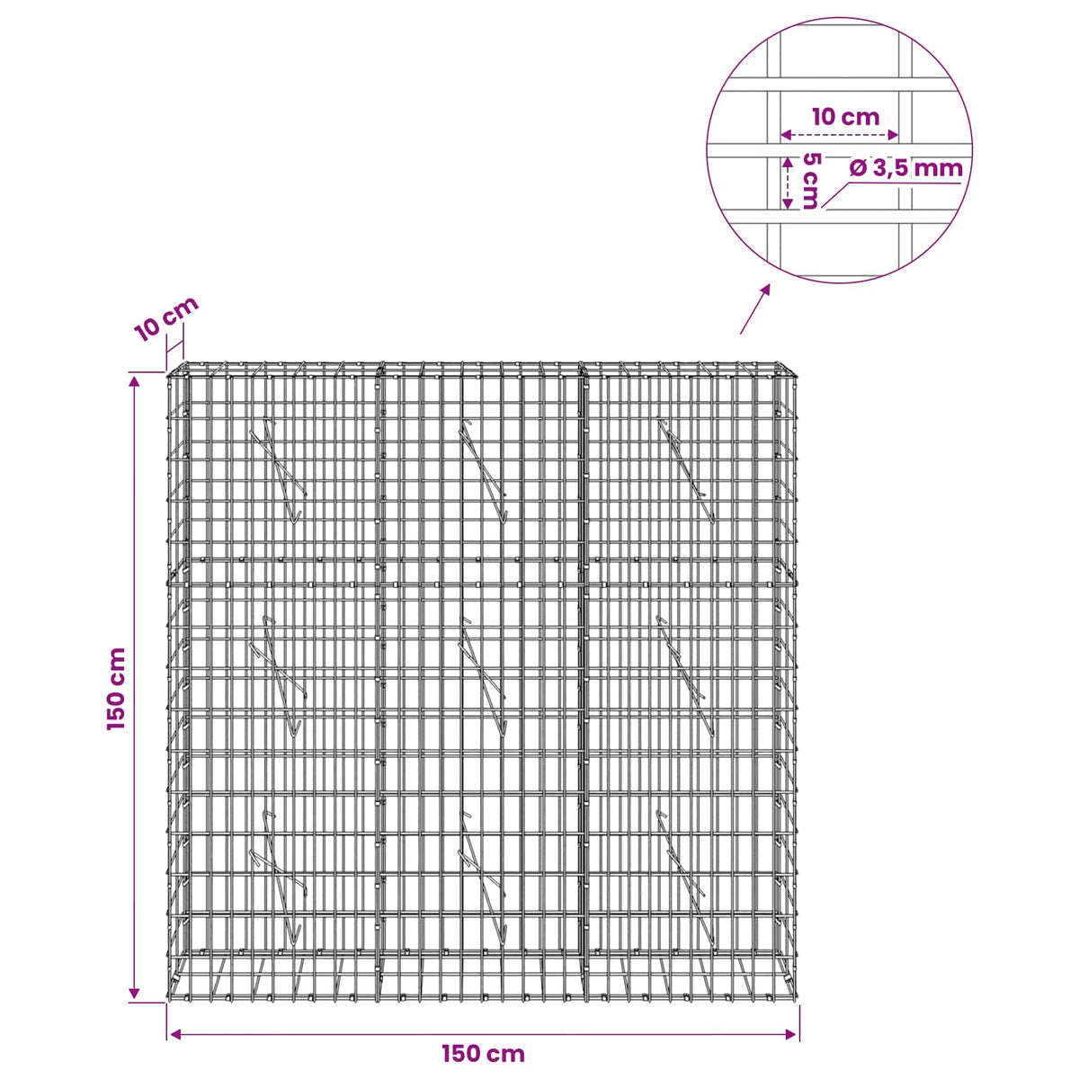 Gabionas su 3,5 mm viela ir 5x10 cm tinkleliu 150x10x150 cm
