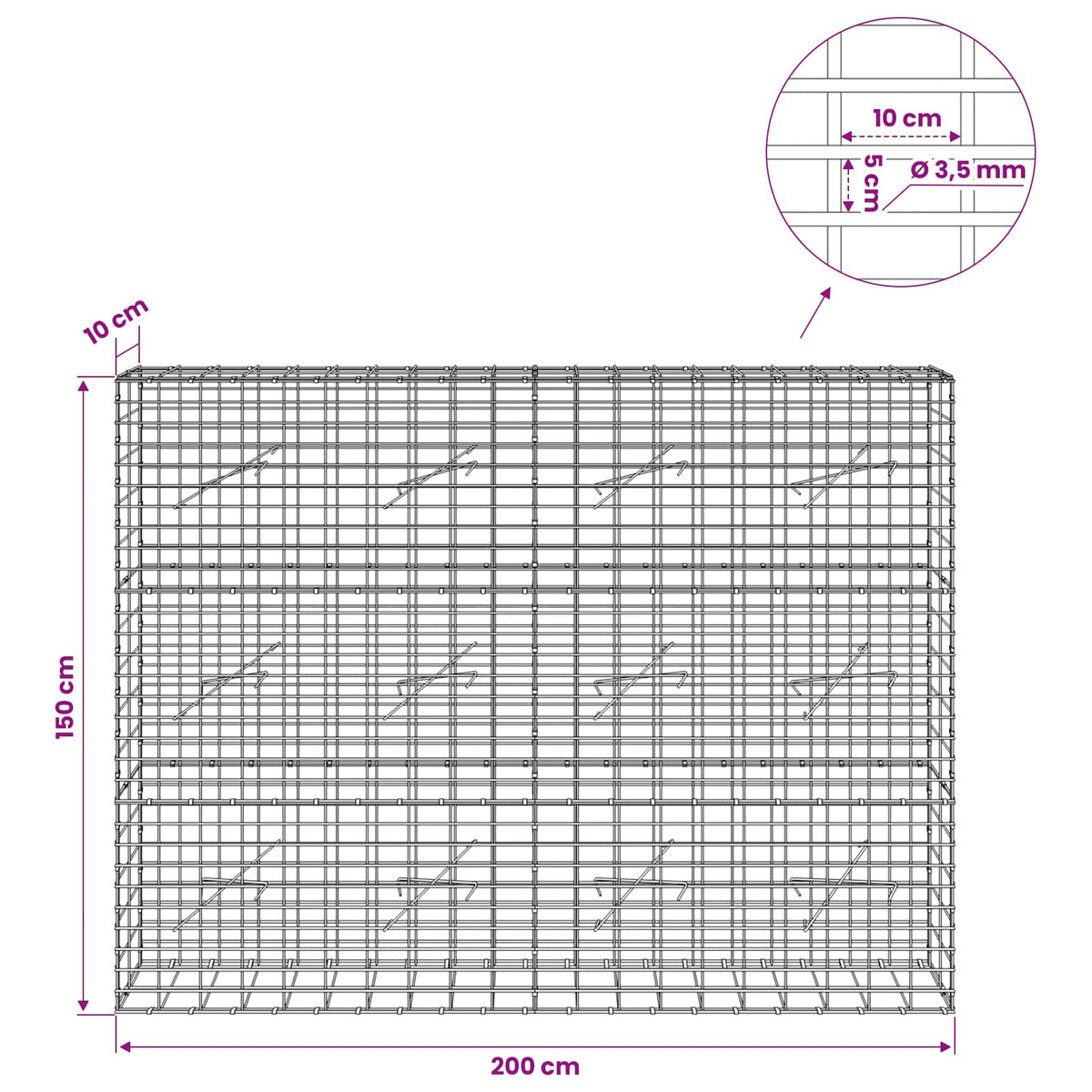 Gabionas su 3,5 mm viela ir 5x10 cm tinkleliu 200x10x150 cm