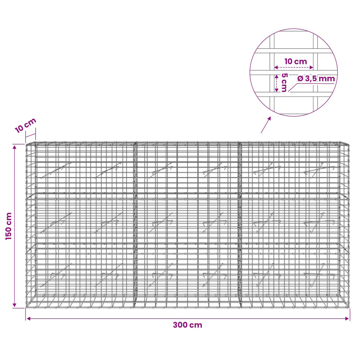 Gabionas su 3,5 mm viela ir 5x10 cm tinkleliu 300x10x150 cm