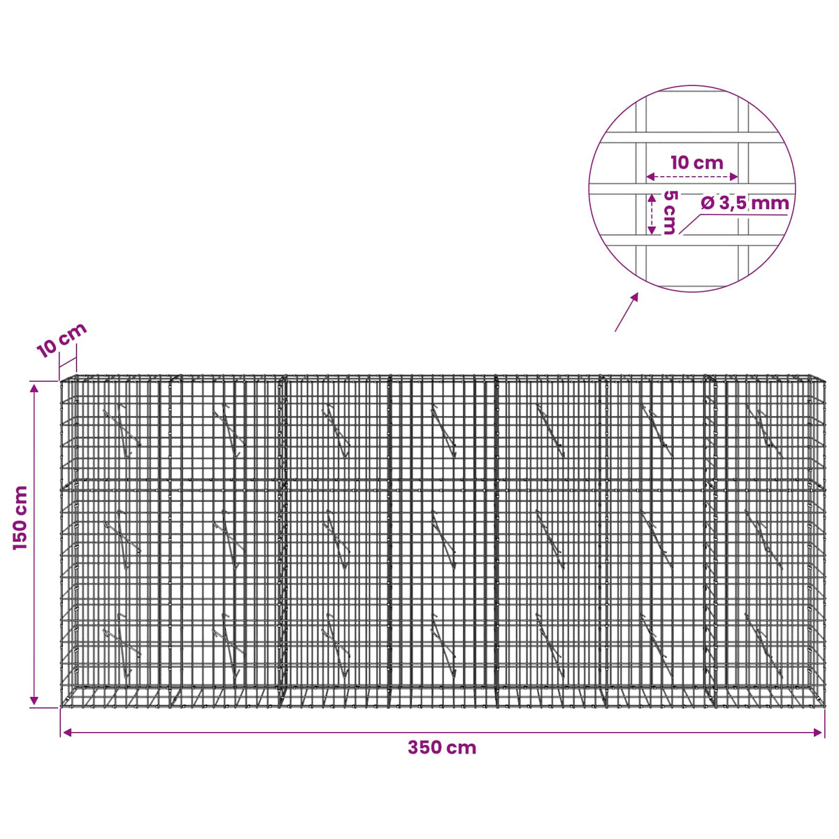 Gabionas su 3,5 mm viela ir 5x10 cm tinkleliu 350x10x150 cm