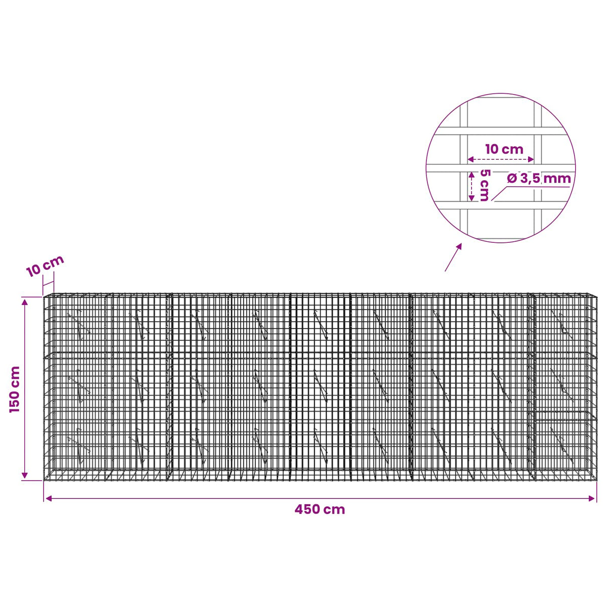 Gabionas su 3,5 mm viela ir 5x10 cm tinkleliu 450x10x150 cm