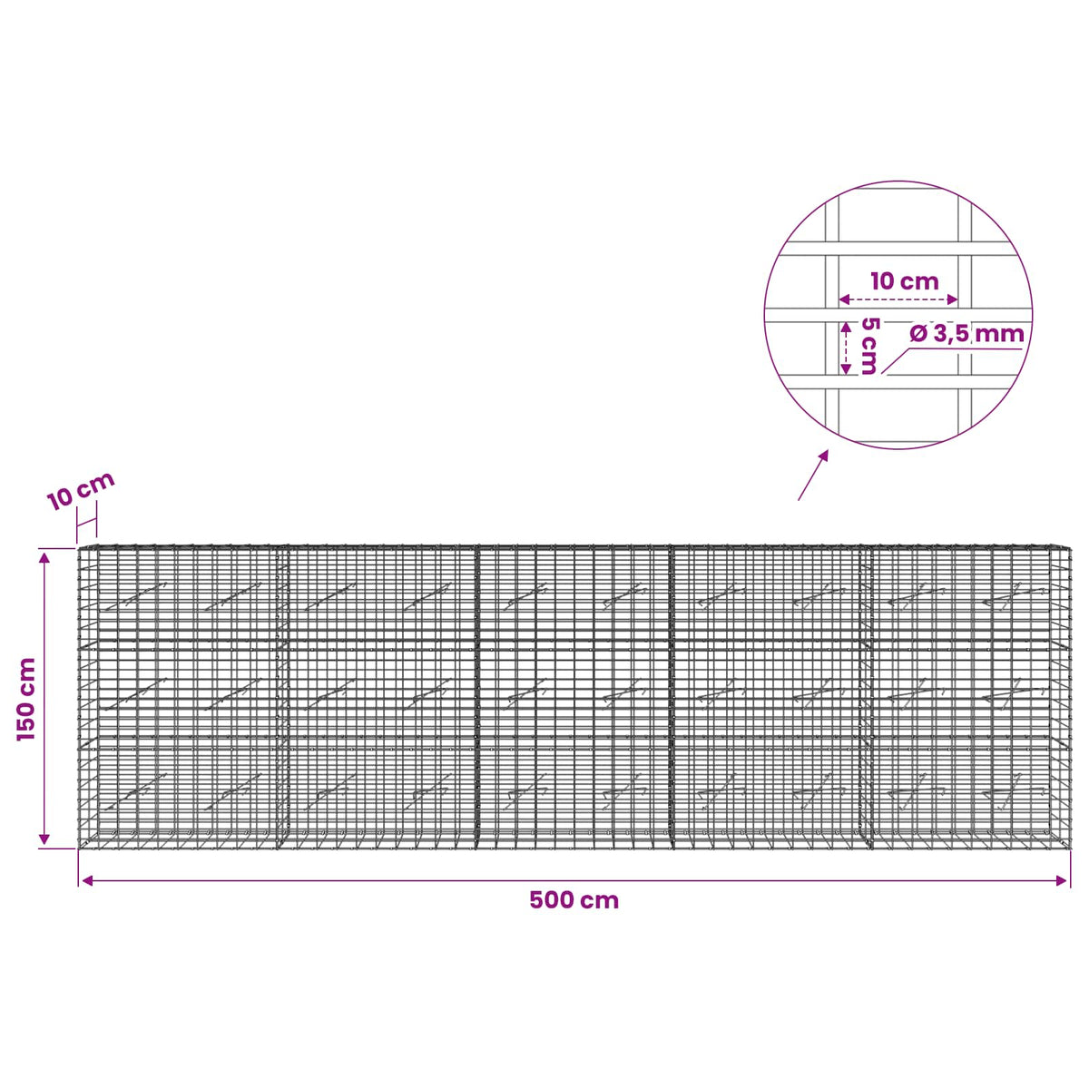 Gabionas su 3,5 mm viela ir 5x10 cm tinkleliu 500x10x150 cm