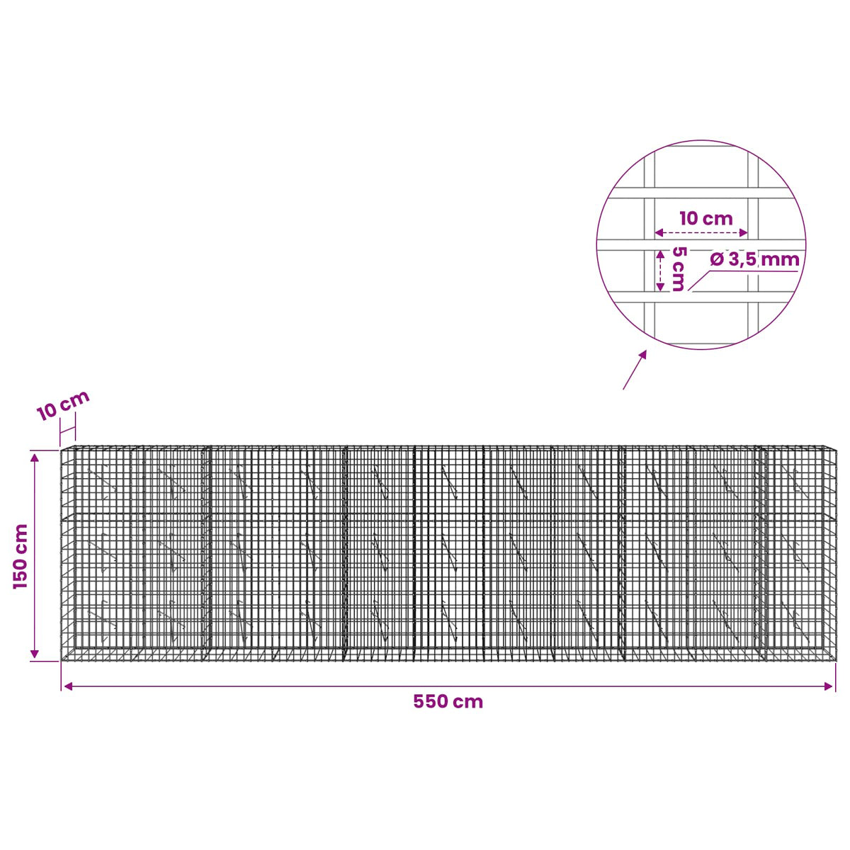 Gabionas su 3,5 mm viela ir 5x10 cm tinkleliu 550x10x150 cm