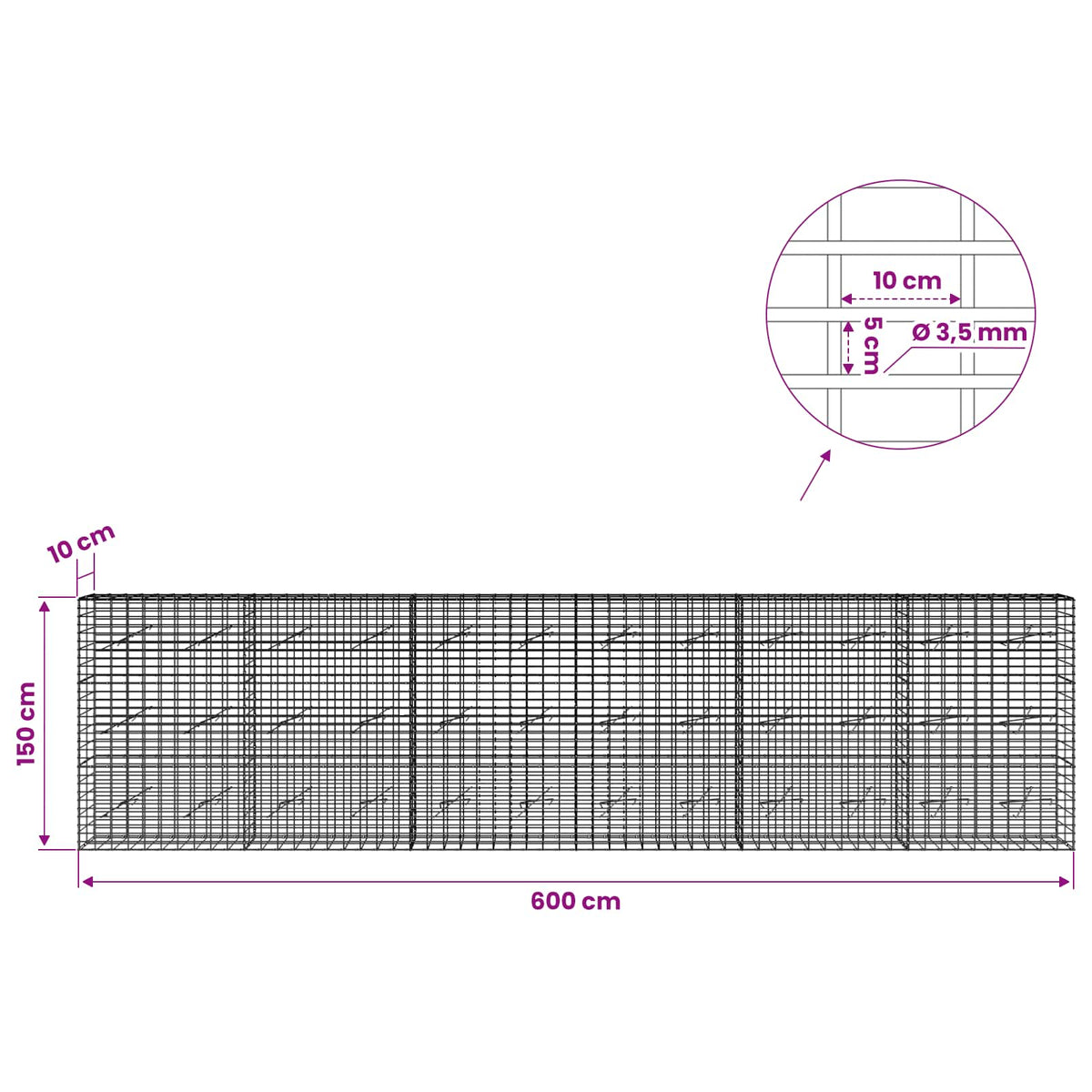 Gabionas su 3,5 mm viela ir 5x10 cm tinkleliu 600x10x150 cm