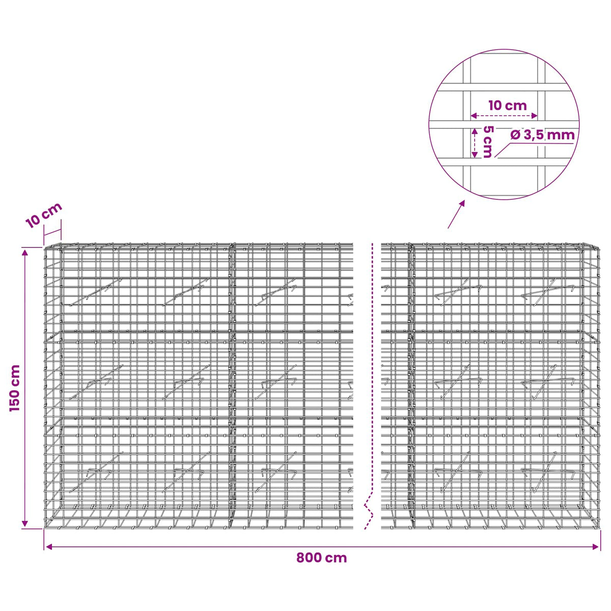 Gabionas su 3,5 mm viela ir 5x10 cm tinkleliu 800x10x150 cm