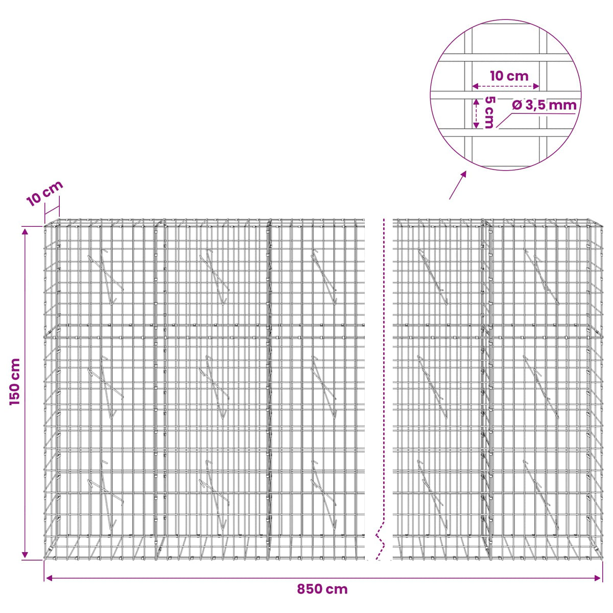 Gabionas su 3,5 mm viela ir 5x10 cm tinkleliu 850x10x150 cm