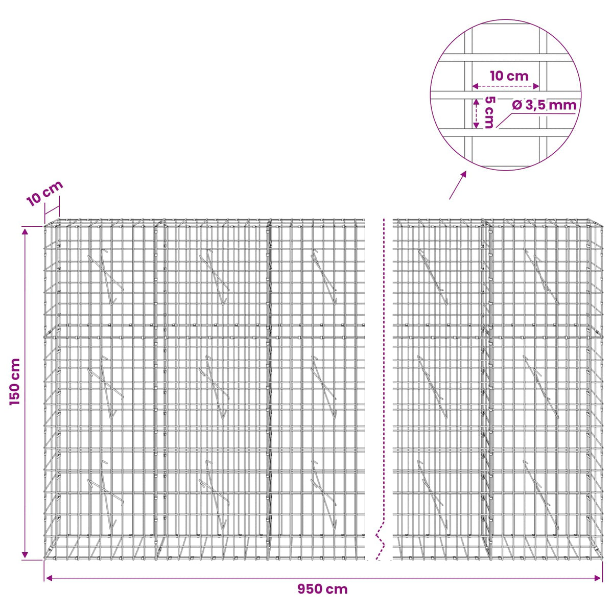 Gabionas su 3,5 mm viela ir 5x10 cm tinkleliu 950x10x150 cm
