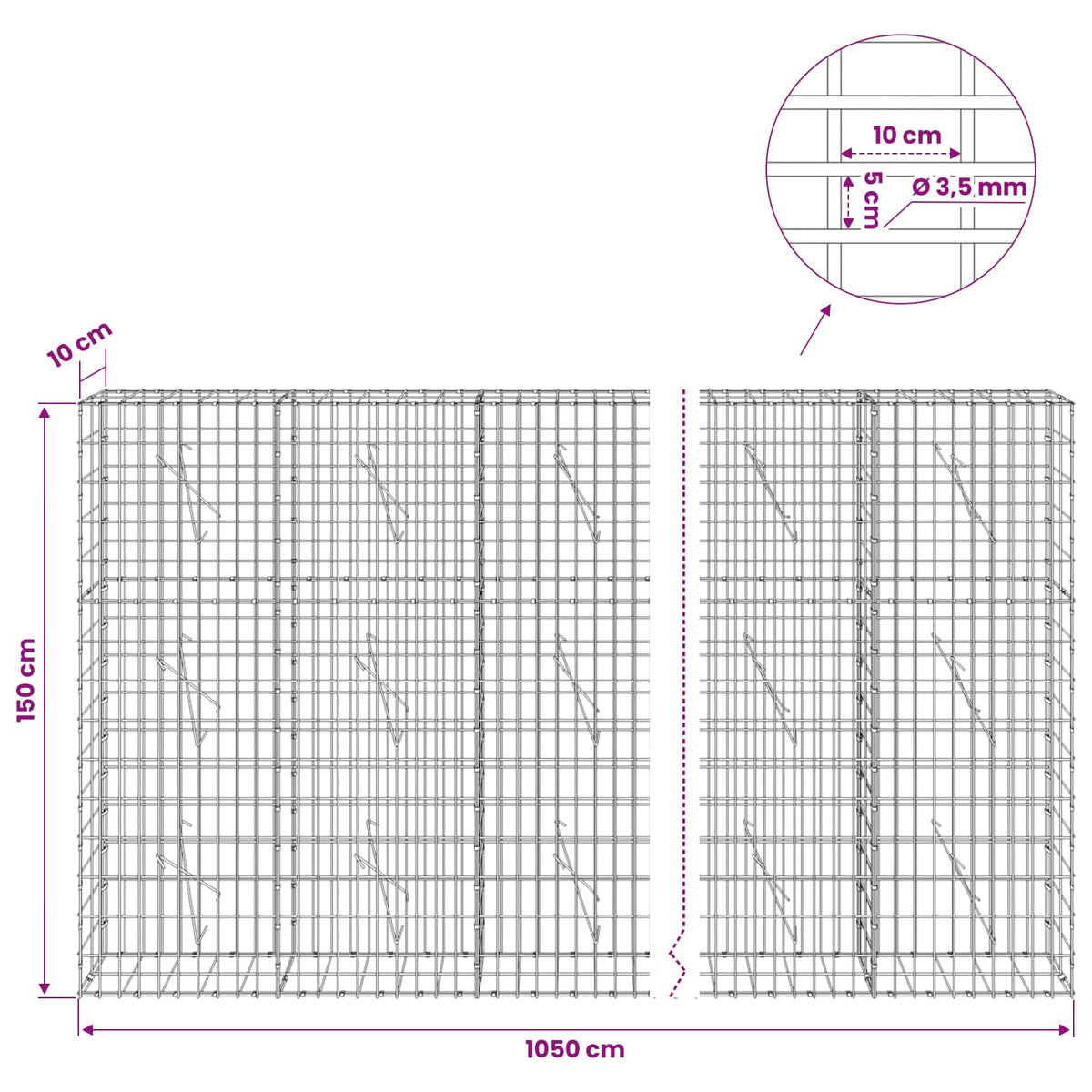 Gabionas su 3,5 mm viela ir 5x10 cm tinkleliu 1050x10x150 cm