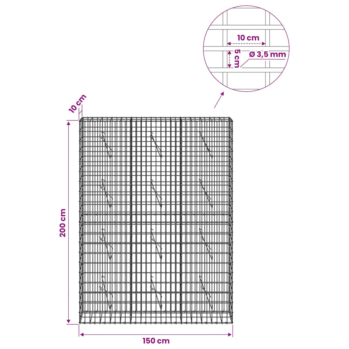 Gabionas su 3,5 mm viela ir 5x10 cm tinkleliu 150x10x200 cm
